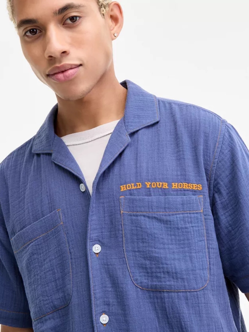 Sun + Stone Short-Sleeve Button Shirt Jacket in Blue with Orange Embroidery
